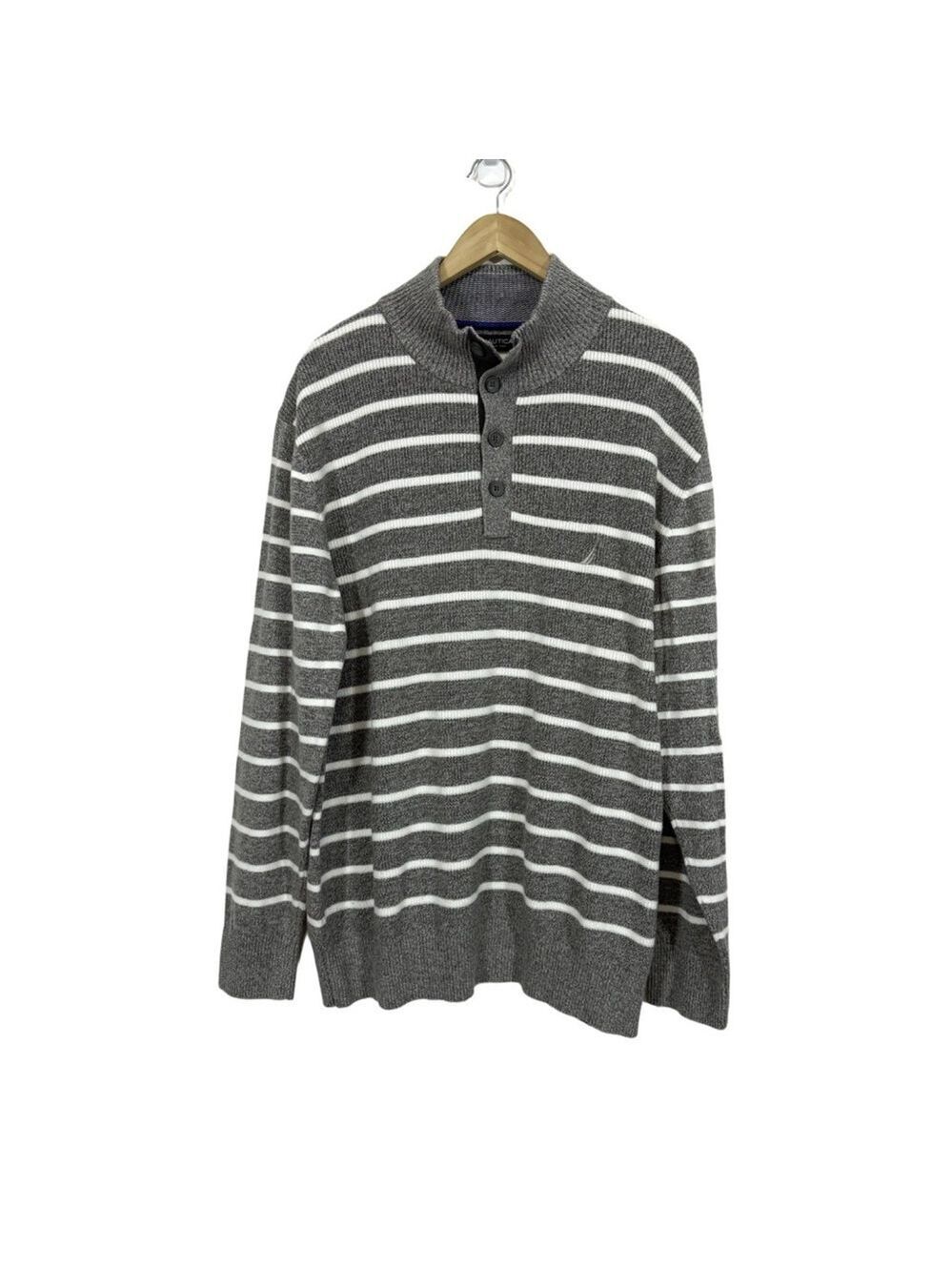 Vintage Nautica Gray and White Striped Men's Sweater Size XXL Cotton Preppy Work